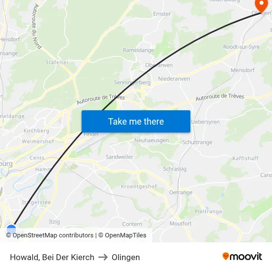 Howald, Bei Der Kierch to Olingen map