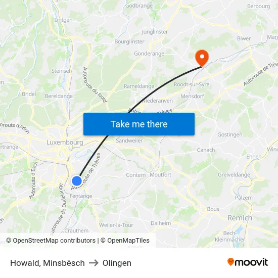 Howald, Minsbësch to Olingen map