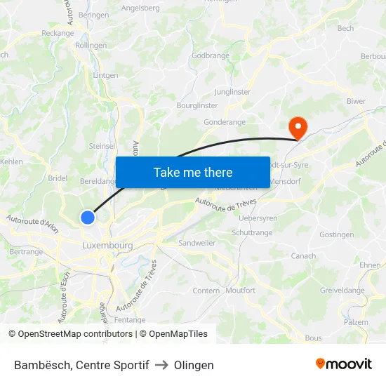 Bambësch, Centre Sportif to Olingen map