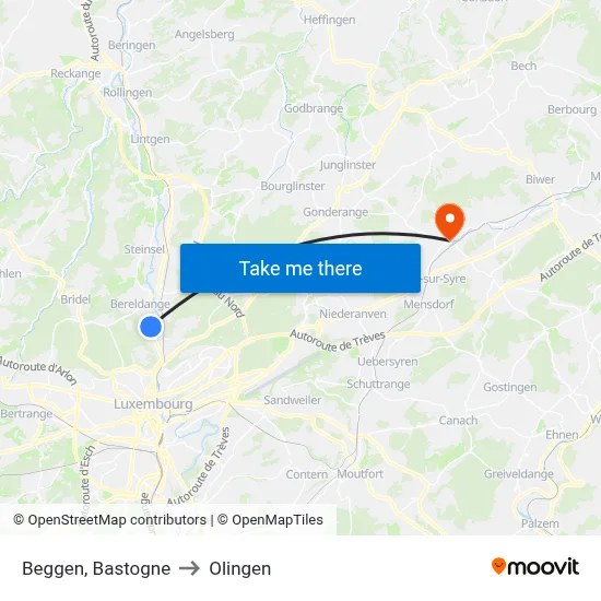Beggen, Bastogne to Olingen map