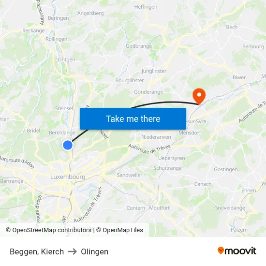 Beggen, Kierch to Olingen map