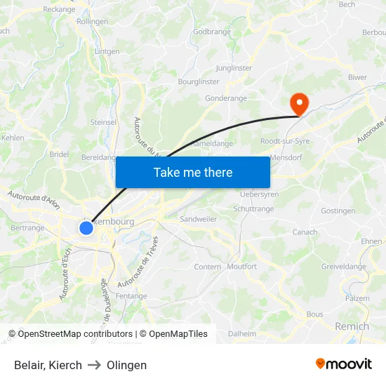 Belair, Kierch to Olingen map