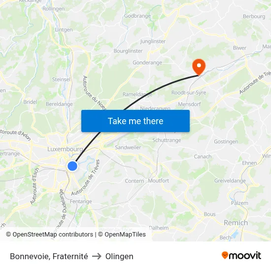 Bonnevoie, Fraternité to Olingen map