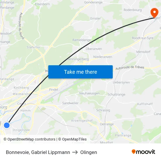 Bonnevoie, Gabriel Lippmann to Olingen map