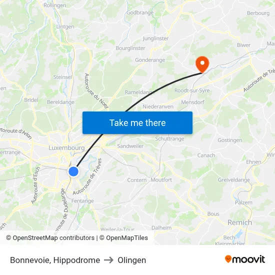 Bonnevoie, Hippodrome to Olingen map