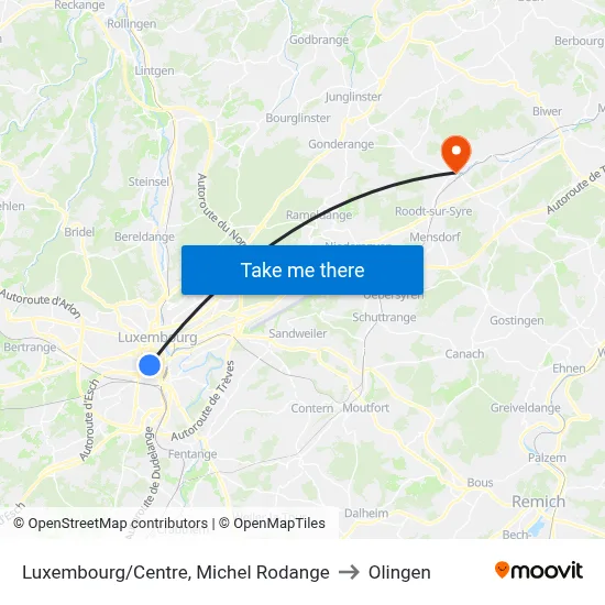 Luxembourg/Centre, Michel Rodange to Olingen map
