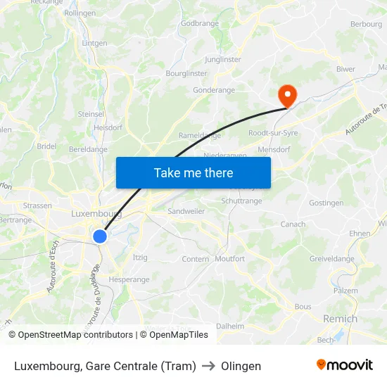 Luxembourg, Gare Centrale (Tram) to Olingen map