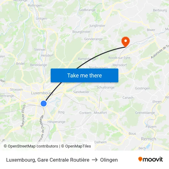 Luxembourg, Gare Centrale Routière to Olingen map