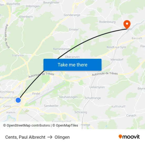 Cents, Paul Albrecht to Olingen map