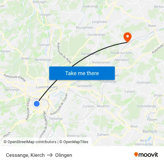 Cessange, Kierch to Olingen map