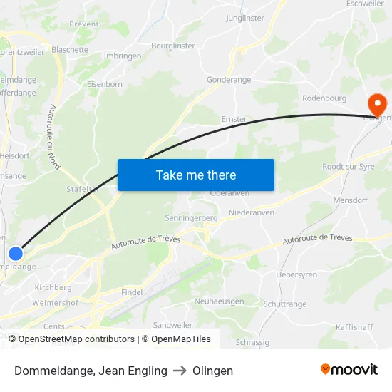 Dommeldange, Jean Engling to Olingen map