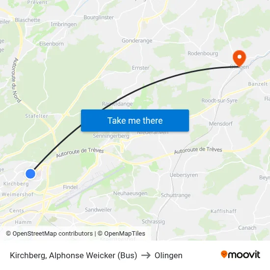 Kirchberg, Alphonse Weicker (Bus) to Olingen map