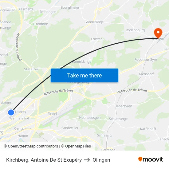 Kirchberg, Antoine De St Exupéry to Olingen map