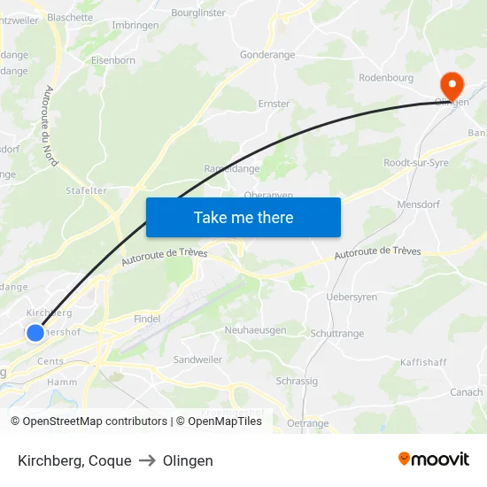 Kirchberg, Coque to Olingen map