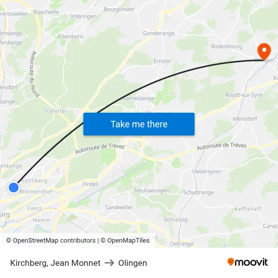Kirchberg, Jean Monnet to Olingen map