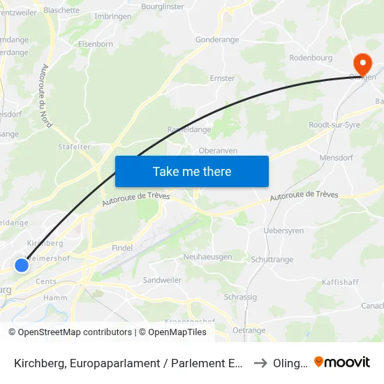 Kirchberg, Europaparlament / Parlement Européen to Olingen map