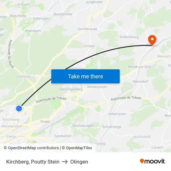 Kirchberg, Poutty Stein to Olingen map