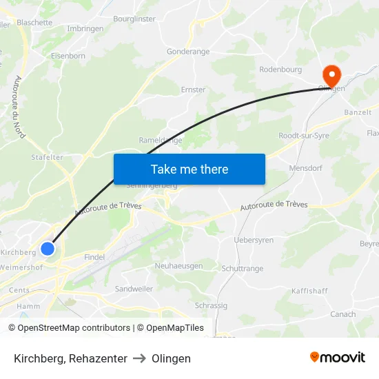 Kirchberg, Rehazenter to Olingen map