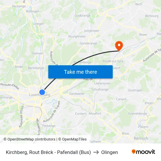 Kirchberg, Rout Bréck - Pafendall (Bus) to Olingen map