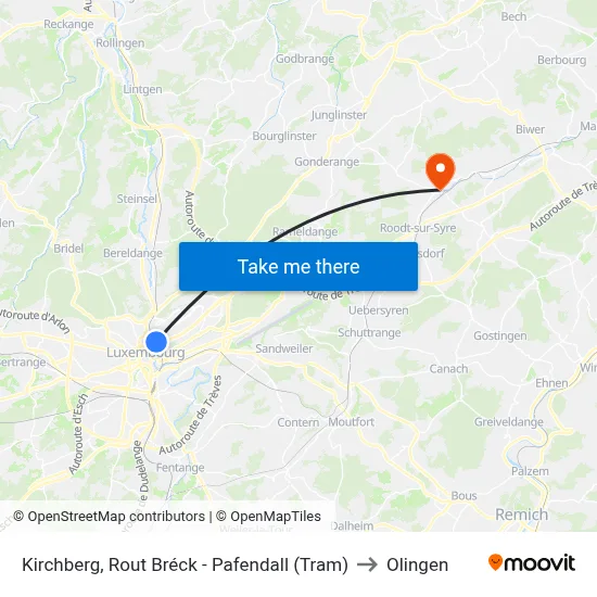 Kirchberg, Rout Bréck - Pafendall (Tram) to Olingen map