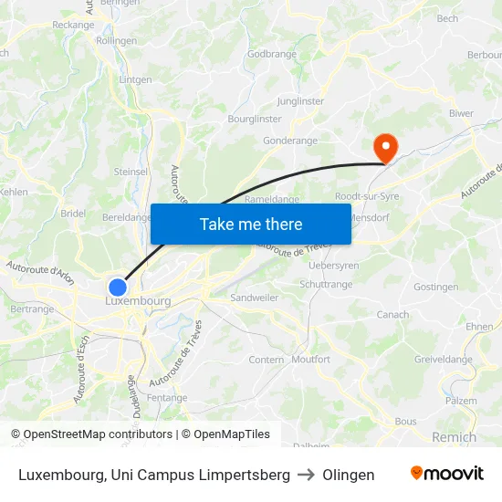 Luxembourg, Uni Campus Limpertsberg to Olingen map