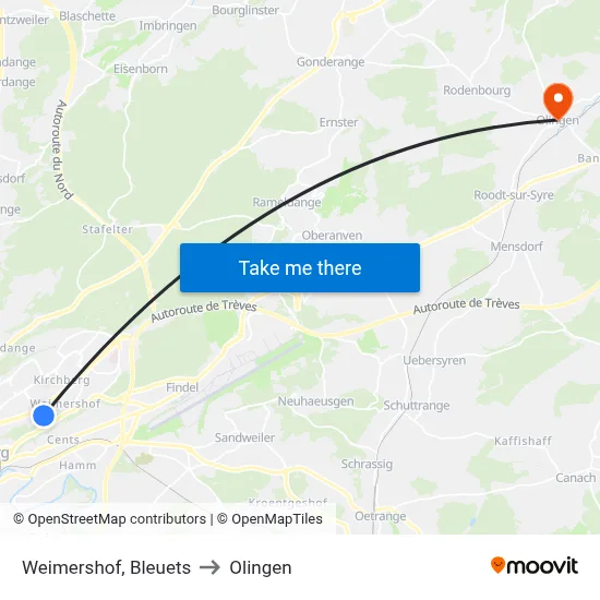 Weimershof, Bleuets to Olingen map