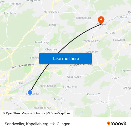Sandweiler, Kapellebierg to Olingen map
