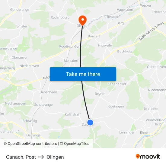 Canach, Post to Olingen map