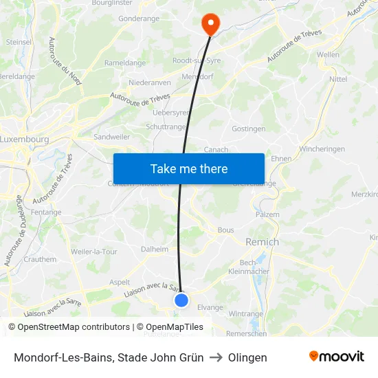 Mondorf-Les-Bains, Stade John Grün to Olingen map