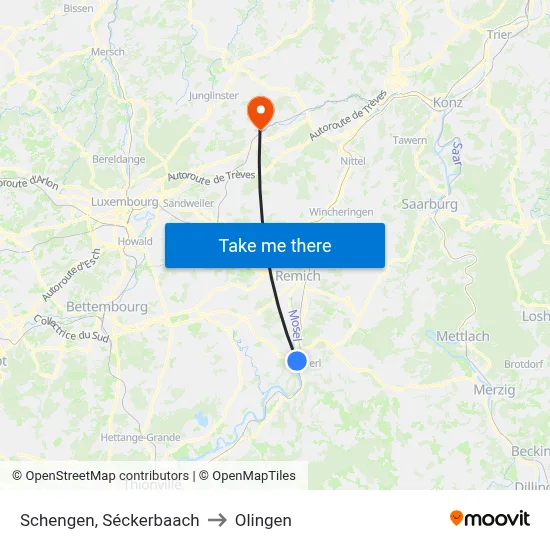 Schengen, Séckerbaach to Olingen map