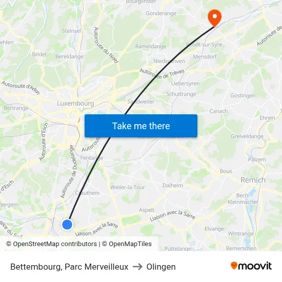 Bettembourg, Parc Merveilleux to Olingen map