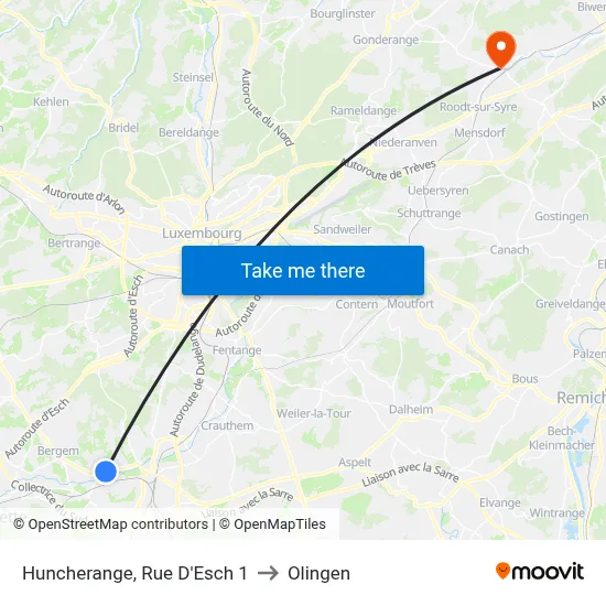 Huncherange, Rue D'Esch 1 to Olingen map