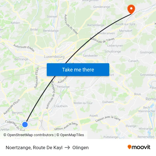 Noertzange, Route De Kayl to Olingen map
