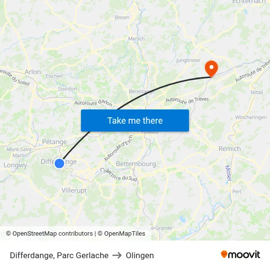 Differdange, Parc Gerlache to Olingen map