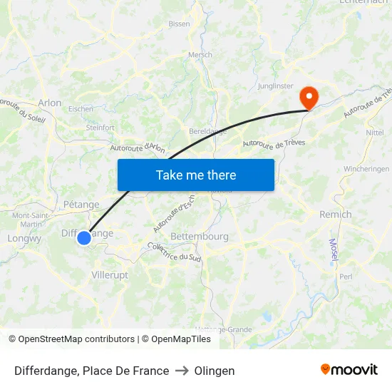 Differdange, Place De France to Olingen map