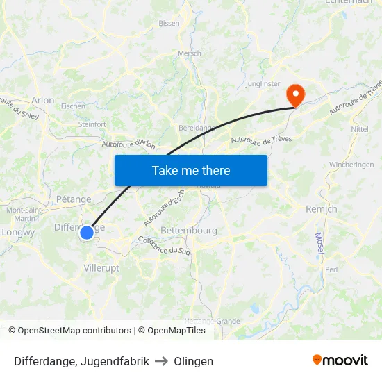 Differdange, Jugendfabrik to Olingen map