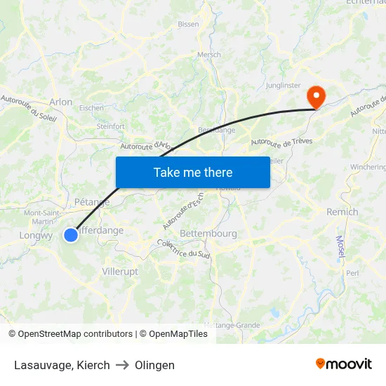 Lasauvage, Kierch to Olingen map