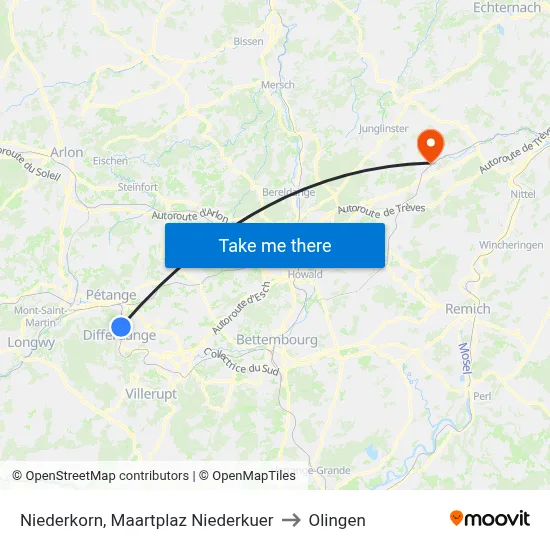 Niederkorn, Maartplaz Niederkuer to Olingen map
