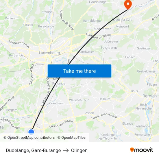Dudelange, Gare-Burange to Olingen map