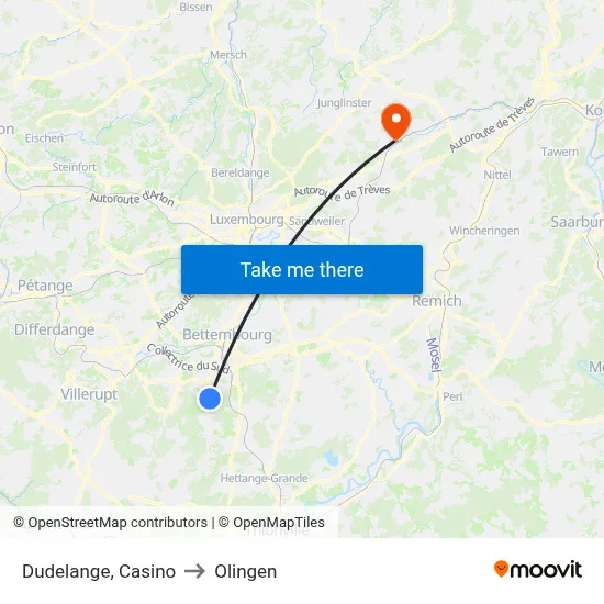 Dudelange, Casino to Olingen map