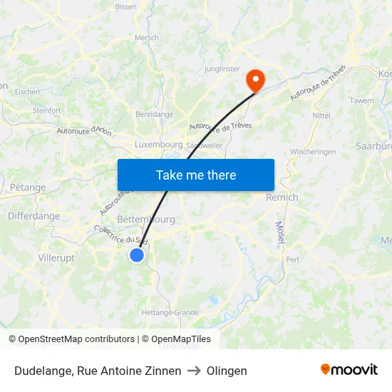 Dudelange, Rue Antoine Zinnen to Olingen map