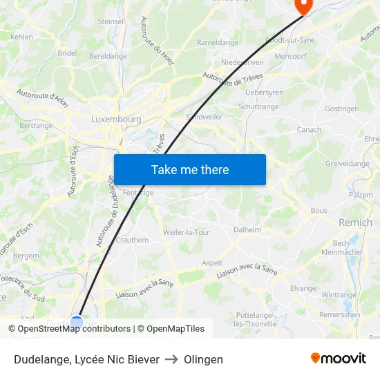 Dudelange, Lycée Nic Biever to Olingen map