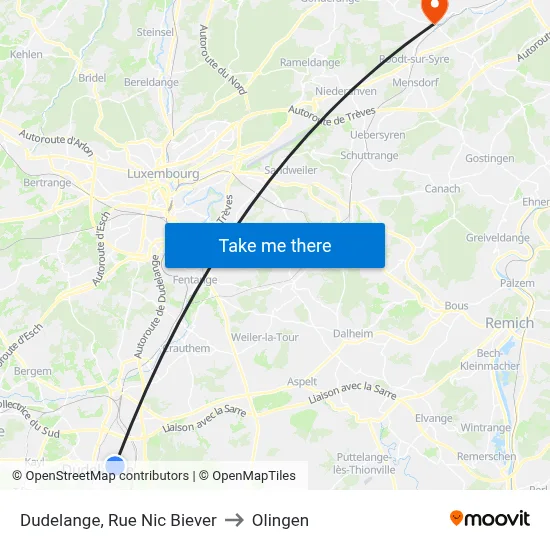 Dudelange, Rue Nic Biever to Olingen map