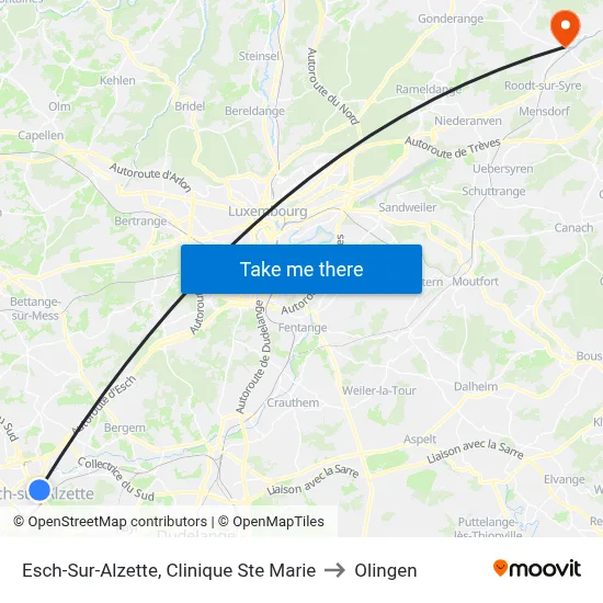 Esch-Sur-Alzette, Clinique Ste Marie to Olingen map