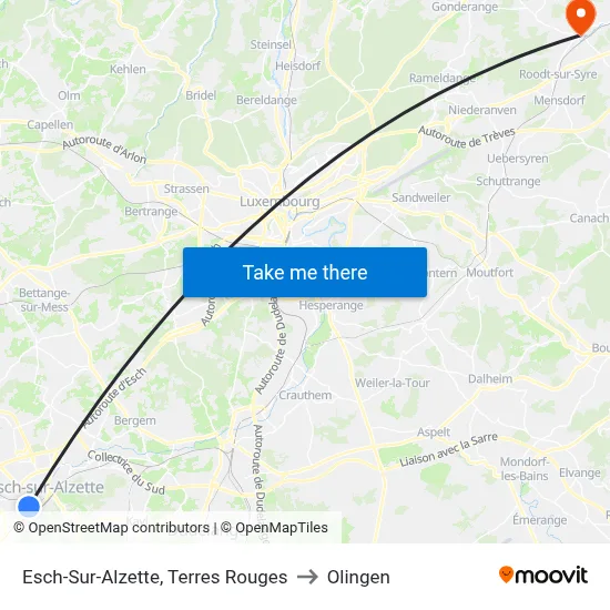 Esch-Sur-Alzette, Terres Rouges to Olingen map