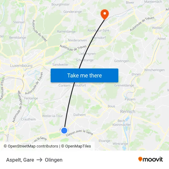 Aspelt, Gare to Olingen map