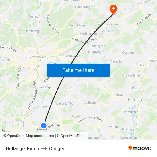 Hellange, Kiirch to Olingen map