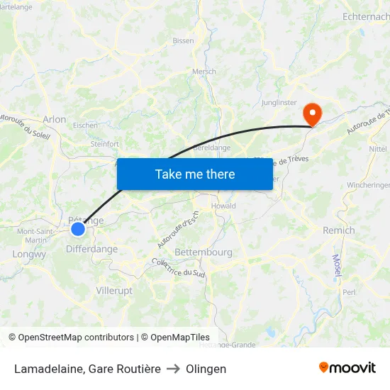 Lamadelaine, Gare Routière to Olingen map