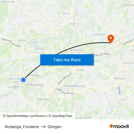 Rodange, Fonderie to Olingen map