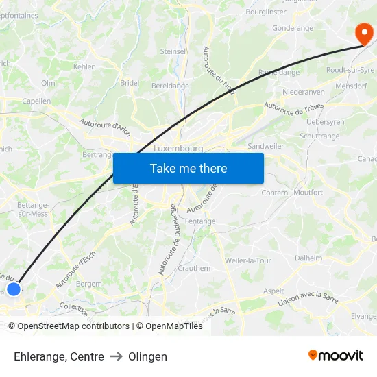 Ehlerange, Centre to Olingen map